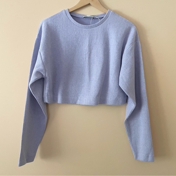 ZARA Crop Sweatshirt Sweater Lilac Crew Neck - Picture 4 of 8